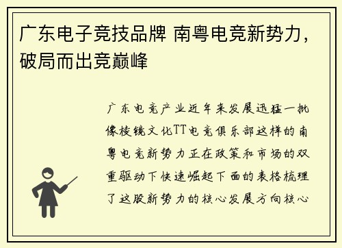 广东电子竞技品牌 南粤电竞新势力，破局而出竞巅峰