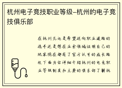杭州电子竞技职业等级-杭州的电子竞技俱乐部