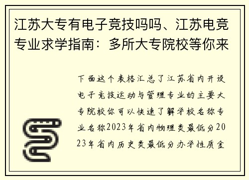 江苏大专有电子竞技吗吗、江苏电竞专业求学指南：多所大专院校等你来选择